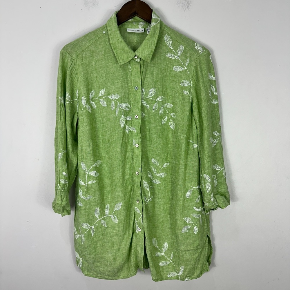 Susan Graver Button Down Tunic Women Medium Green Linen Blend Leaf Print Pockets